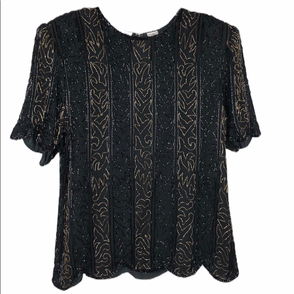 Scala  Vintage Silk Beaded  Short Sleeves Top Size Large